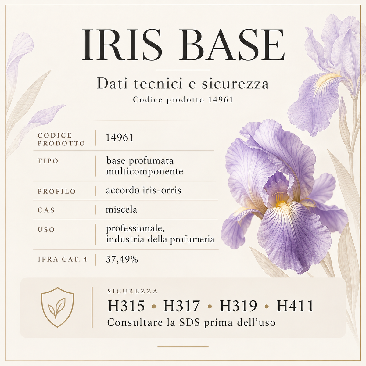 IRIS BASE 14961 – dati tecnici, IFRA Categoria 4 37,49% e indicazioni di sicurezza H315 H317 H319 H411