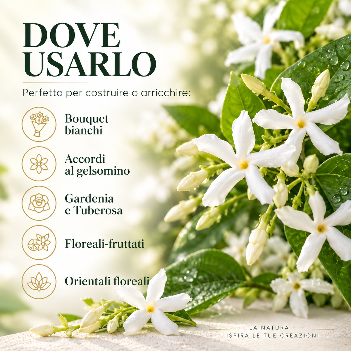 GELSOMINO BASE 2069 – utilizzo in bouquet bianchi, accordi al gelsomino, gardenia, tuberosa e floreali-fruttati