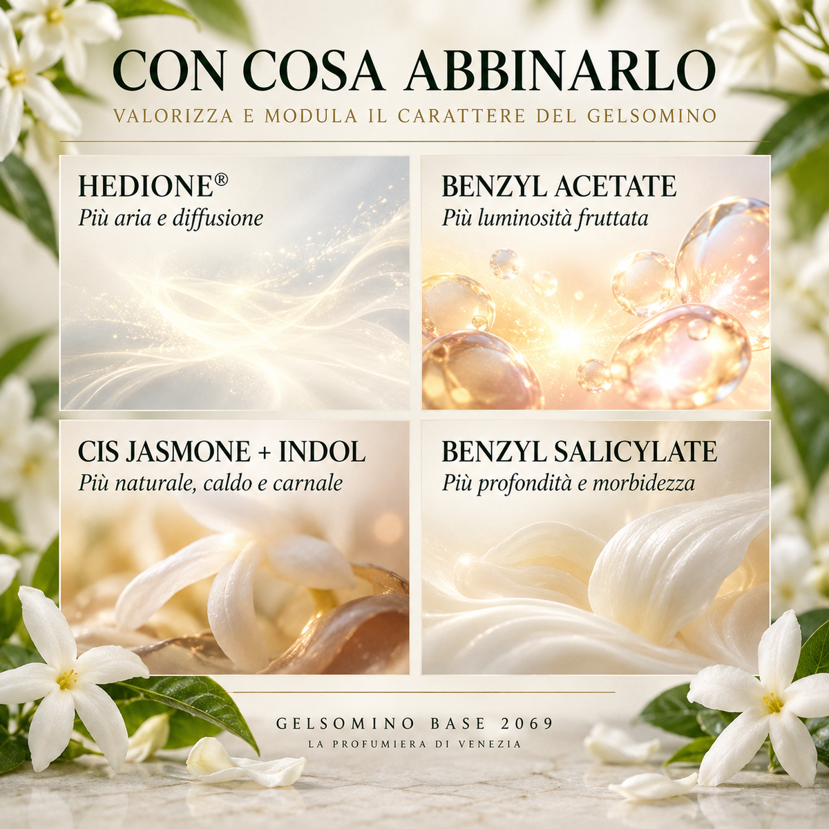 GELSOMINO BASE 2069 – abbinamenti con Hedione, Benzyl Acetate, Cis Jasmone, Indol e Benzyl Salicylate