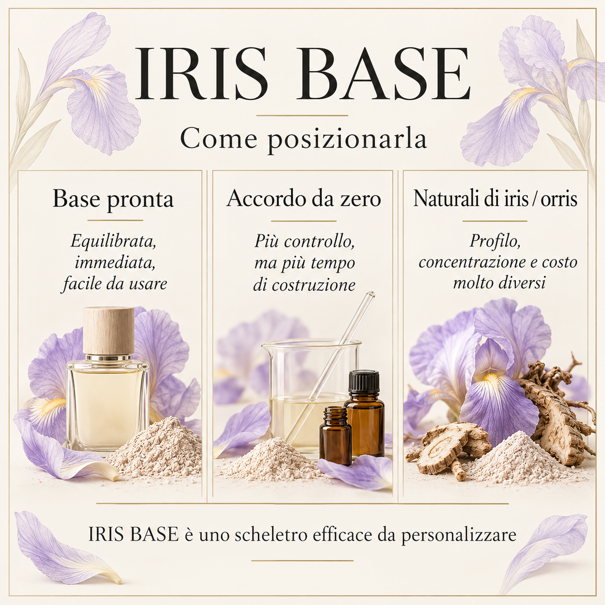 IRIS BASE 14961 – confronto tra base pronta, accordo iris costruito da zero e naturali di iris/orris