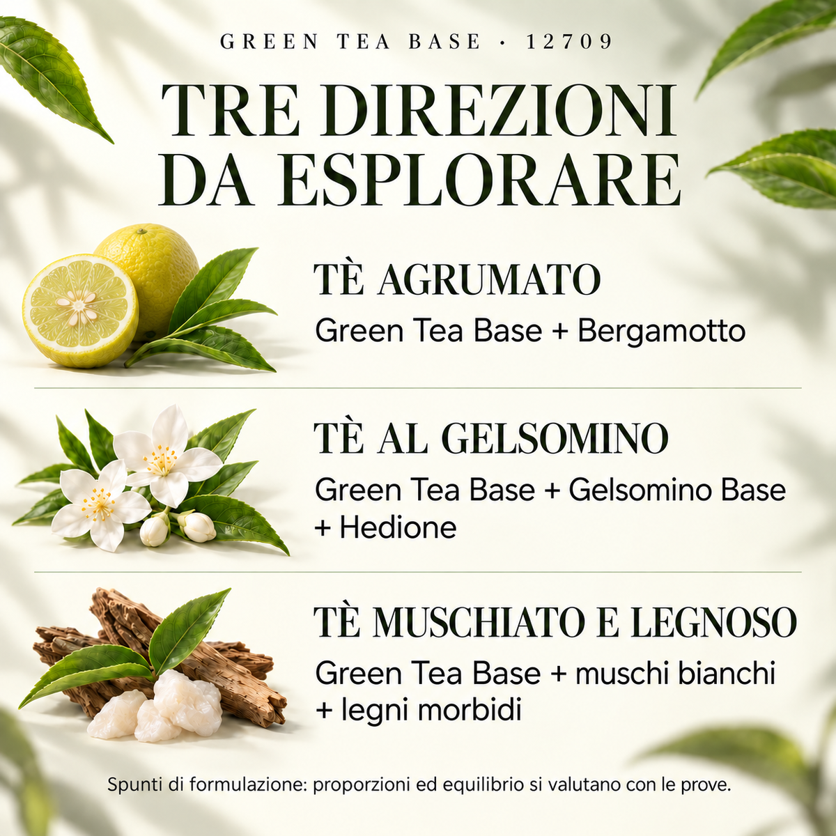 GREEN TEA BASE 12709 — spunti di formulazione: bergamotto, Gelsomino Base e Hedione, muschi bianchi e legni morbidi