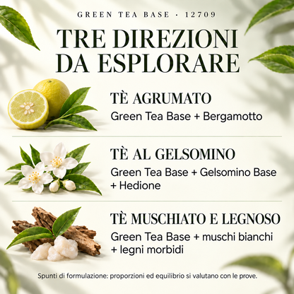 GREEN TEA BASE 12709 — spunti di formulazione: bergamotto, Gelsomino Base e Hedione, muschi bianchi e legni morbidi