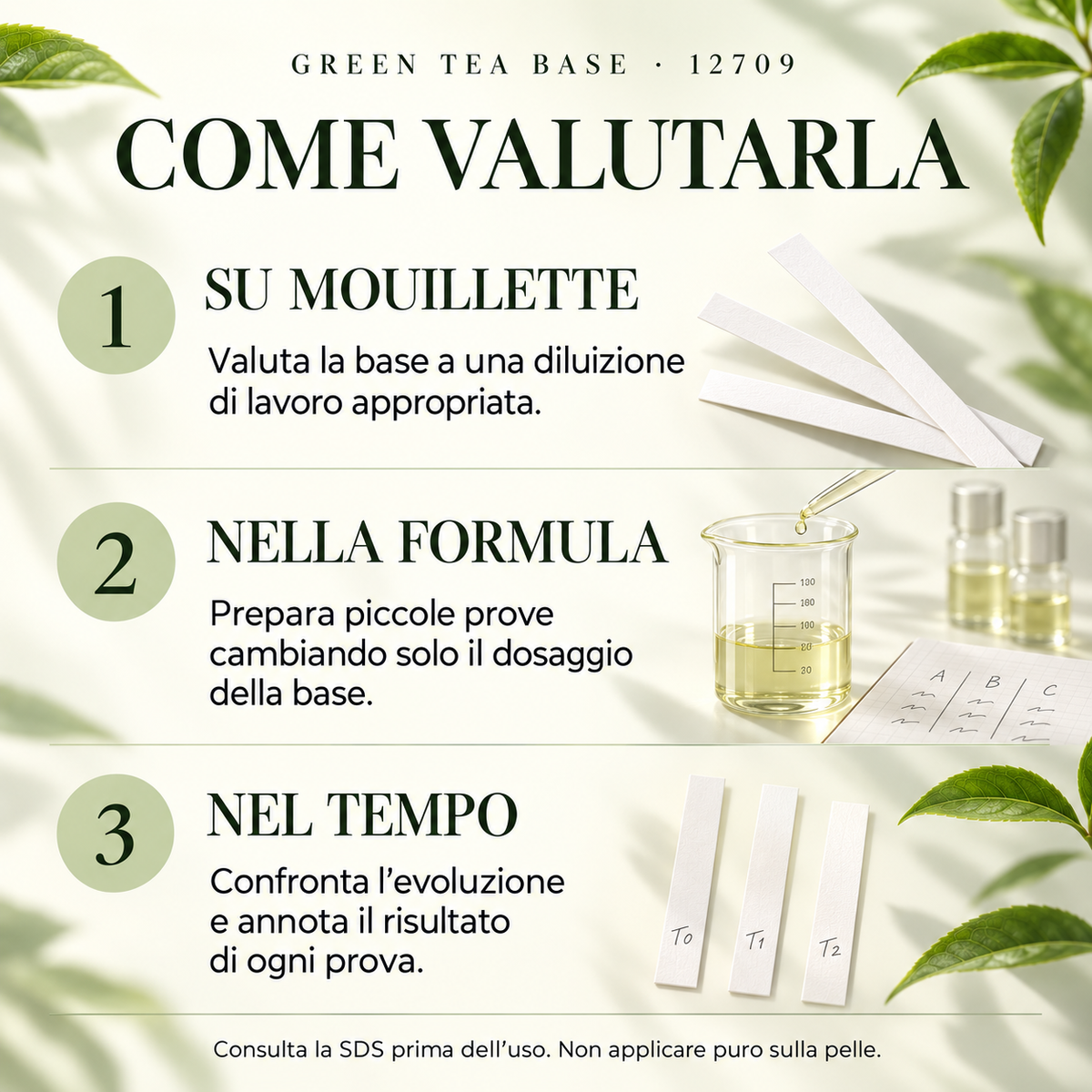 GREEN TEA BASE 12709 — valutazione su mouillette, confronto di dosaggi nella stessa formula e osservazione dell'evoluzione nel tempo