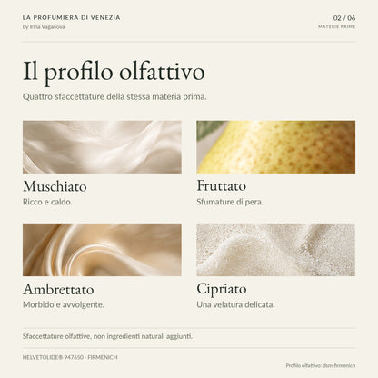 Profilo olfattivo di HELVETOLIDE®: muschiato ricco e caldo, fruttato con pera, ambrettato morbido e cipriato. Sfaccettature, non ingredienti aggiunti.